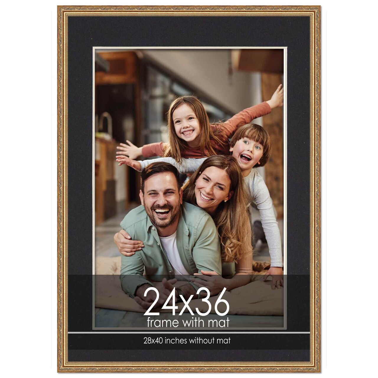 Antique Gold Frame with Black Photo Mat, UV Acrylic Front, Foam Board Backing, 60 Sizes Available